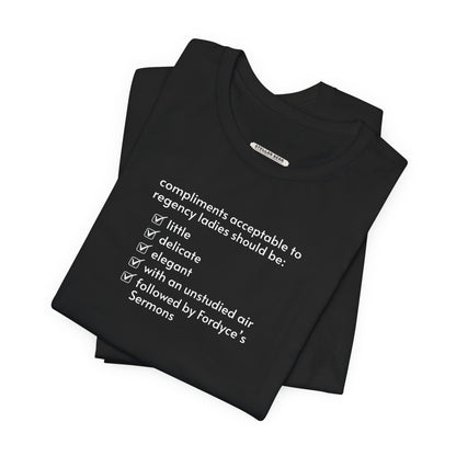 Compliments Acceptable to Regency Ladies Checklist T-Shirt (Jane Austen)