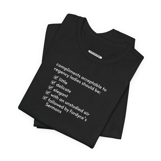 Compliments Acceptable to Regency Ladies Checklist T-Shirt (Jane Austen)