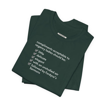 Compliments Acceptable to Regency Ladies Checklist T-Shirt (Jane Austen)