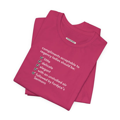 Compliments Acceptable to Regency Ladies Checklist T-Shirt (Jane Austen)